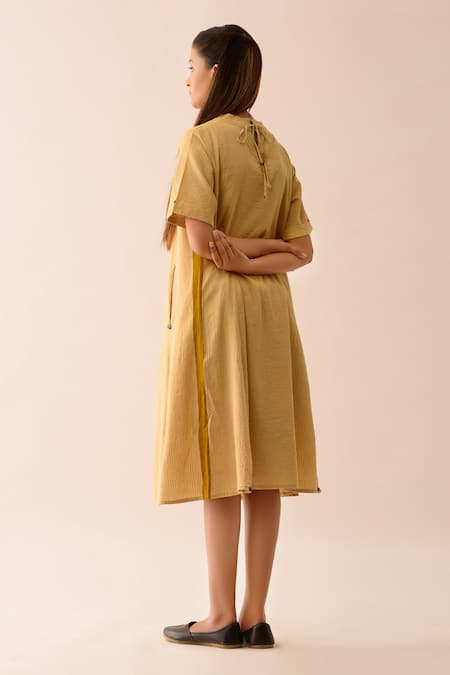 Shop JAYATI GOENKA Beige Upcycled Seersucker Bardot Hand Painted Dress at Aza Fashions Shop_JAYATI GOENKA_Beige Upcycled Seersucker Bardot Hand Painted Dress _at_Aza_Fashions