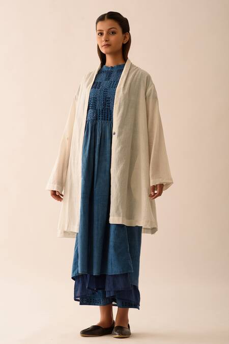 JAYATI GOENKA_White Handwoven Cotton Stripe Open Overlay Jacket _Online_at_Aza_Fashions