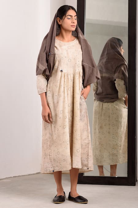 JAYATI GOENKA White Cotton Round Printed Dress With Scarf