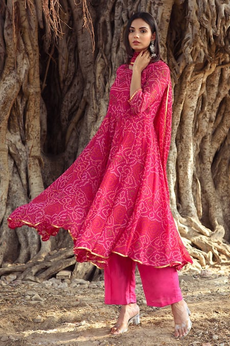Buy Gulabo Jaipur Pink Cotton, Georgette Round Bandhani Print Anarkali Pant Set Online at Aza Fashions Buy_Gulabo Jaipur_Pink Cotton, Georgette Round Bandhani Print Anarkali Pant Set _Online_at_Aza_Fashions