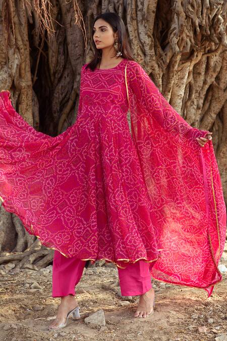 Shop Gulabo Jaipur Pink Cotton, Georgette Round Bandhani Print Anarkali Pant Set Online at Aza Fashions Shop_Gulabo Jaipur_Pink Cotton, Georgette Round Bandhani Print Anarkali Pant Set _Online_at_Aza_Fashions