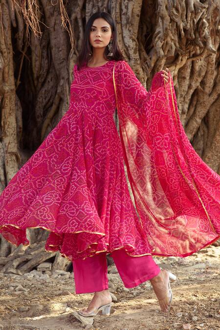 Gulabo Jaipur Pink Cotton, Georgette Round Bandhani Print Anarkali Pant Set Online at Aza Fashions Gulabo Jaipur_Pink Cotton, Georgette Round Bandhani Print Anarkali Pant Set _Online_at_Aza_Fashions