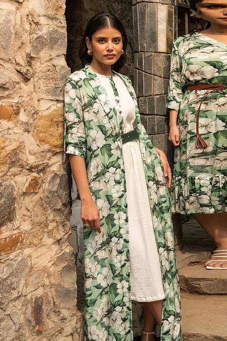 Buy Divi By Sonal Khandelwal Green Modal, Satin Round Neck Wild Apple Print Cape And Dress Set Online at Aza Fashions Buy_Divi By Sonal Khandelwal_Green Modal, Satin Round Neck Wild Apple Print Cape And Dress Set _Online_at_Aza_Fashions