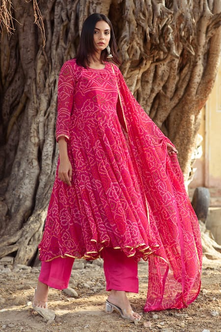 Pink Anarkali Style Printed Suit Set