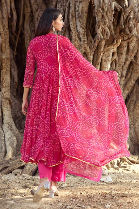 Shop Gulabo Jaipur Pink Cotton, Georgette Round Bandhani Print Anarkali Pant Set at Aza Fashions Shop_Gulabo Jaipur_Pink Cotton, Georgette Round Bandhani Print Anarkali Pant Set _at_Aza_Fashions