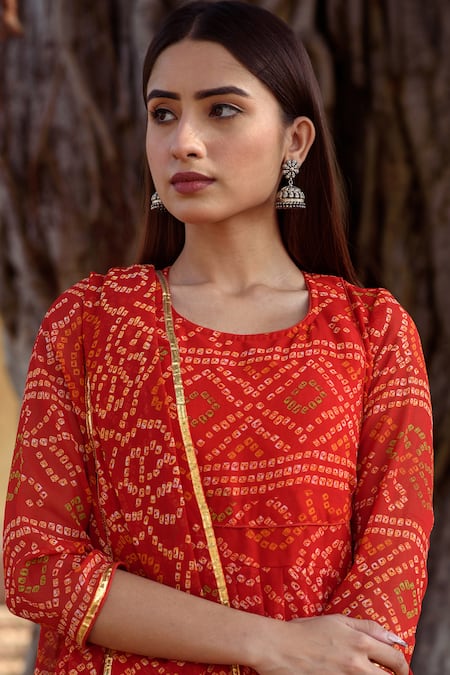 Shop Gulabo Jaipur Red Cotton, Georgette Round Bandhani Print Anarkali Set Online at Aza Fashions Shop_Gulabo Jaipur_Red Cotton, Georgette Round Bandhani Print Anarkali Set _Online_at_Aza_Fashions