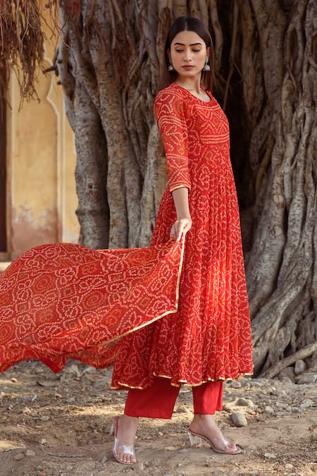 Gulabo Jaipur Red Cotton, Georgette Round Bandhani Print Anarkali Set Online at Aza Fashions Gulabo Jaipur_Red Cotton, Georgette Round Bandhani Print Anarkali Set _Online_at_Aza_Fashions