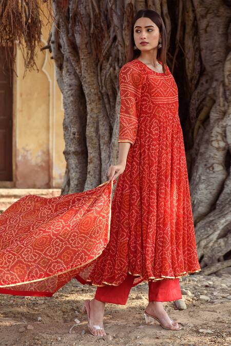Buy Gulabo Jaipur Red Cotton, Georgette Round Bandhani Print Anarkali Set Online at Aza Fashions Buy_Gulabo Jaipur_Red Cotton, Georgette Round Bandhani Print Anarkali Set _Online_at_Aza_Fashions