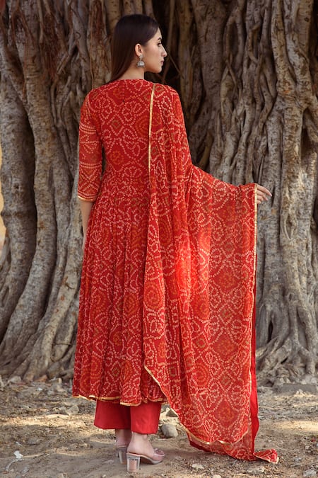 Shop Gulabo Jaipur Red Cotton, Georgette Round Bandhani Print Anarkali Set at Aza Fashions Shop_Gulabo Jaipur_Red Cotton, Georgette Round Bandhani Print Anarkali Set _at_Aza_Fashions