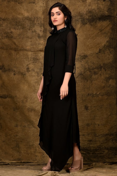 Ariyana By Aza_Black Viscose, Georgette Round Neck Asymmetric Maxi Dress _Online_at_Aza_Fashions
