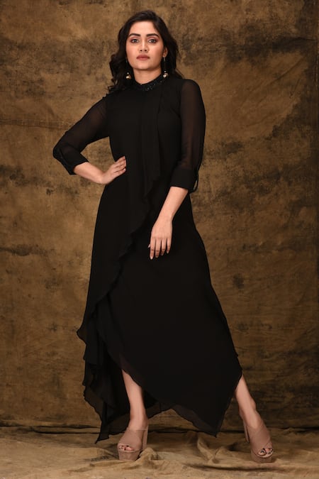 Buy Black Viscose Georgette Round Asymmetric Maxi Dress For Women by ...