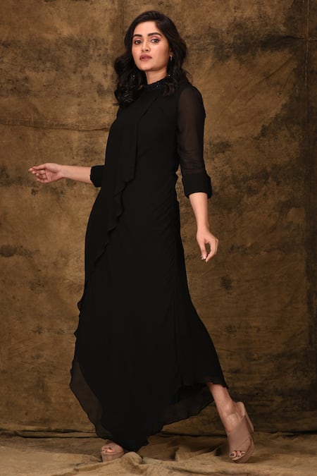 Buy_Ariyana By Aza_Black Viscose, Georgette Round Neck Asymmetric Maxi Dress _Online_at_Aza_Fashions