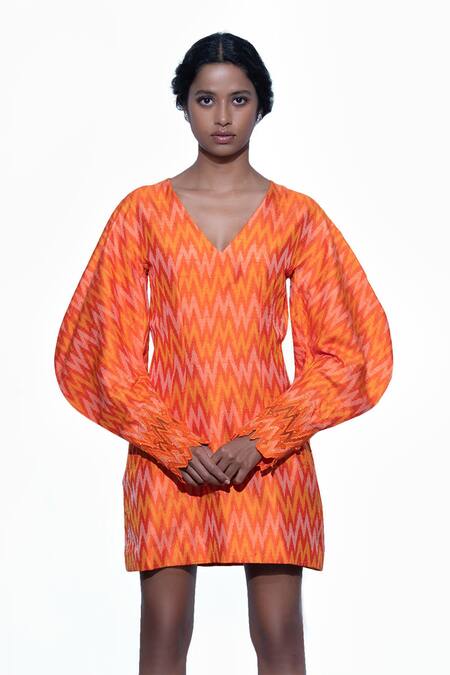 Shriya Som_Orange Silk V Neck Ikat Print Dress  _Online_at_Aza_Fashions