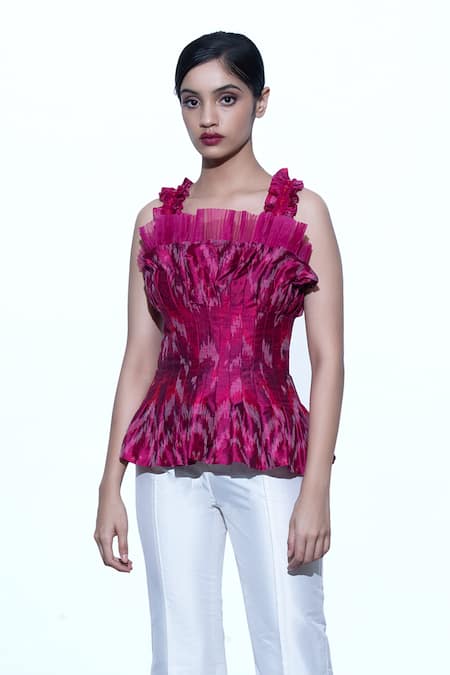 Shriya Som Pink Square Neck Pleated Peplum Top