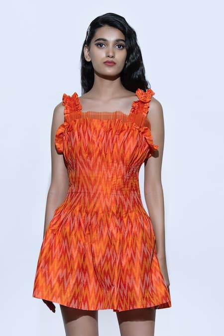 Shriya Som_Orange Silk Square Neck Pleated Peplum Dress_Online_at_Aza_Fashions