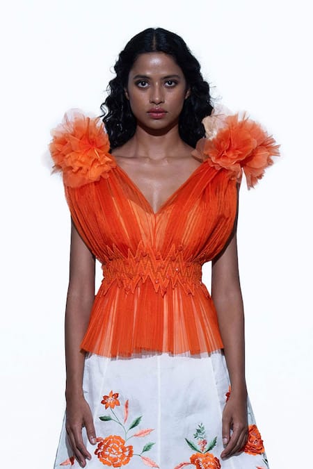 Shriya Som Orange V Neck Pleated Peplum Top  