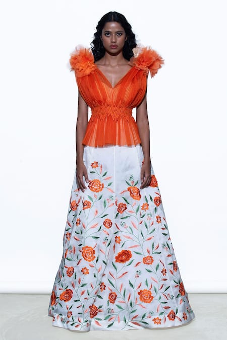 Shriya Som White Organza V Neck Pleated Top And Embroidered Skirt Set  