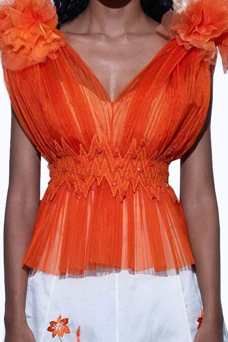 Shop Shriya Som Orange V Neck Pleated Peplum Top Online at Aza Fashions Shop_Shriya Som_Orange V Neck Pleated Peplum Top _Online_at_Aza_Fashions