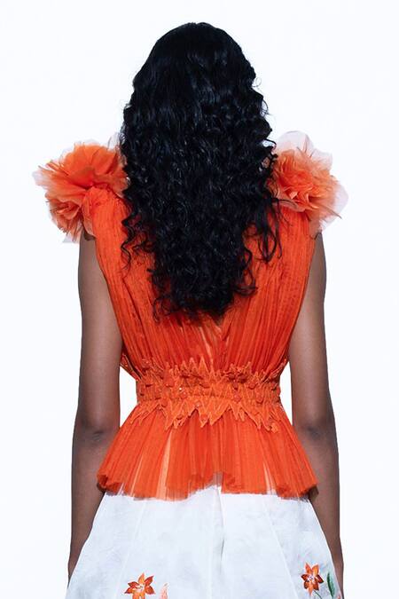 Buy Shriya Som Orange V Neck Pleated Peplum Top Online at Aza Fashions Buy_Shriya Som_Orange V Neck Pleated Peplum Top _Online_at_Aza_Fashions