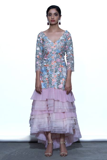 Shriya Som Multi Color V Neck Floral Embroidered Tiered Dress Online at Aza Fashions Shriya Som_Multi Color V Neck Floral Embroidered Tiered Dress _Online_at_Aza_Fashions
