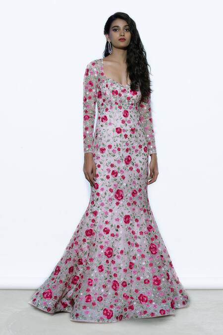 Shriya Som Pink Sweetheart Neck Floral Embroidered Gown Online at Aza Fashions Shriya Som_Pink Sweetheart Neck Floral Embroidered Gown _Online_at_Aza_Fashions