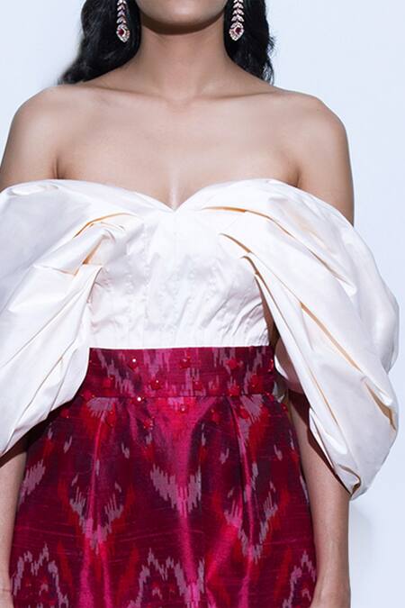 Shop Shriya Som White Taffeta One Shoulder Off Top Online at Aza Fashions Shop_Shriya Som_White Taffeta One Shoulder Off Top _Online_at_Aza_Fashions