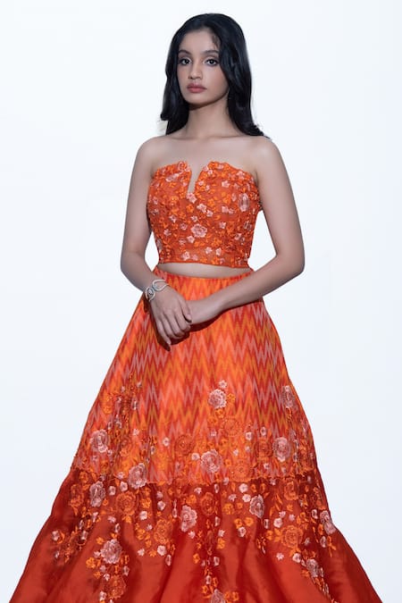 Shop Shriya Som Orange Bandeau Embroidered Crop Top at Aza Fashions Shop_Shriya Som_Orange Bandeau Embroidered Crop Top _at_Aza_Fashions