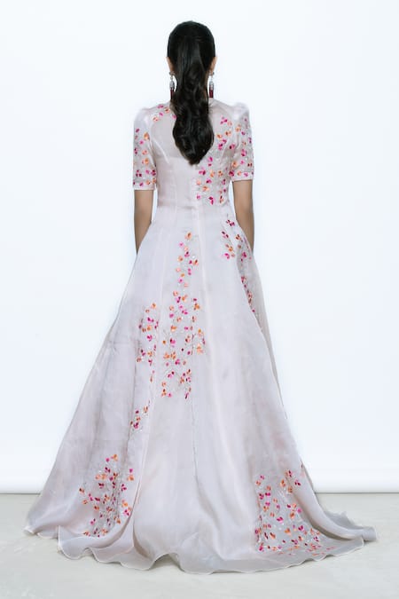 Shop Shriya Som White Round Floral Embroidered Gown at Aza Fashions Shop_Shriya Som_White Round Floral Embroidered Gown_at_Aza_Fashions