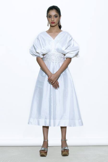 Shriya Som White Taffeta V Neck Embroidered Draped Dress Online at Aza Fashions Shriya Som_White Taffeta V Neck Embroidered Draped Dress_Online_at_Aza_Fashions
