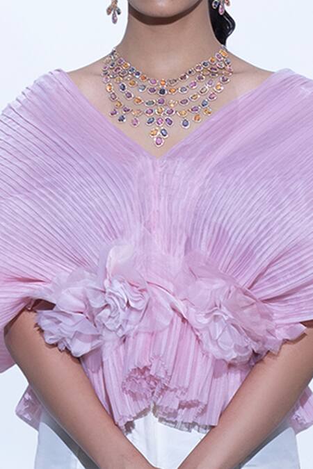 Buy_Shriya Som_Pink Organza V Neck Pleated Top  _Online_at_Aza_Fashions
