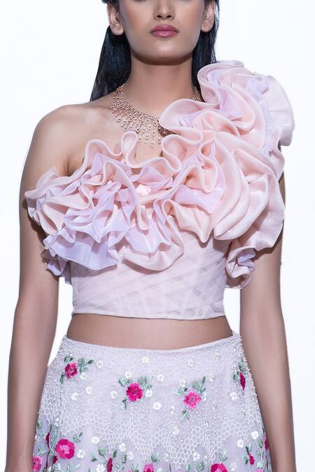 Buy Shriya Som Pink Ruffle One Shoulder Crop Top Online at Aza Fashions Buy_Shriya Som_Pink Ruffle One Shoulder Crop Top _Online_at_Aza_Fashions