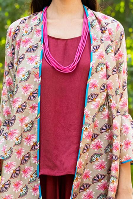 Shop_Rang Swati Vijaivargie_Beige Modal Satin, Silk Chanderi Open Jacket And Pant Set _Online_at_Aza_Fashions