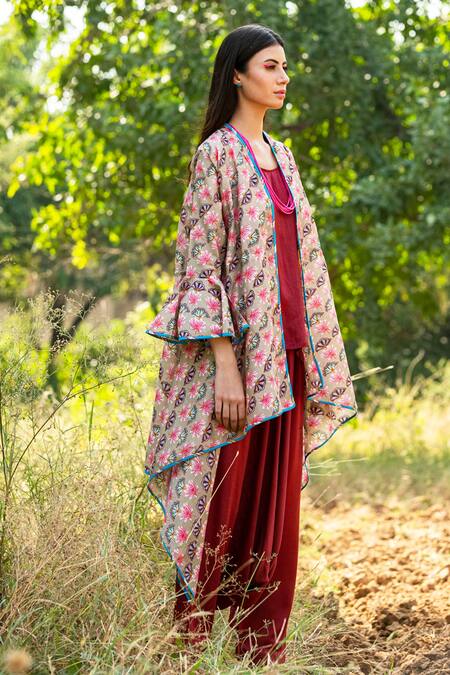 Rang Swati Vijaivargie_Beige Modal Satin, Silk Chanderi Open Jacket And Pant Set _Online_at_Aza_Fashions