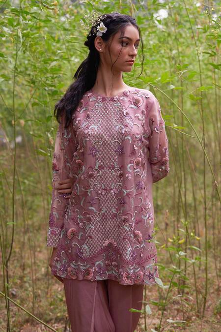 Incheetape Brown Silk Chanderi Round Embroidered Short Tunic And Dhoti Pant Set Online at Aza Fashions Incheetape_Brown Silk Chanderi Round Embroidered Short Tunic And Dhoti Pant Set _Online_at_Aza_Fashions