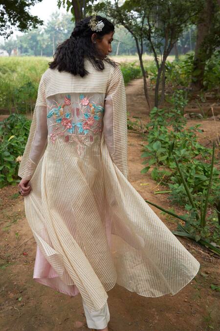 Shop Incheetape White Organza V Neck Striped Long Jacket And Kurta Set at Aza Fashions Shop_Incheetape_White Organza V Neck Striped Long Jacket And Kurta Set _at_Aza_Fashions