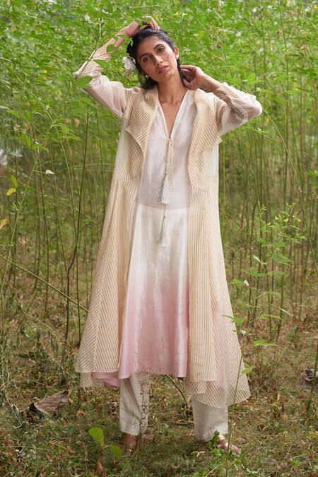 Incheetape White Organza V Neck Striped Long Jacket And Kurta Set 