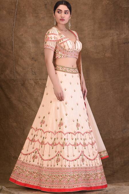 Aariyana Couture_Peach Silk, Net, Taffeta Sequins, Embroidery Sweetheart Neck Lehenga Set_Online_at_Aza_Fashions