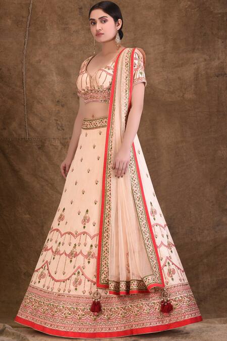 Buy_Aariyana Couture_Peach Silk, Net, Taffeta Sequins, Embroidery Sweetheart Neck Lehenga Set_Online_at_Aza_Fashions