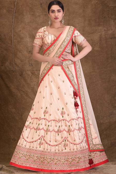 Shop_Aariyana Couture_Peach Silk, Net, Taffeta Sequins, Embroidery Sweetheart Neck Lehenga Set_Online_at_Aza_Fashions