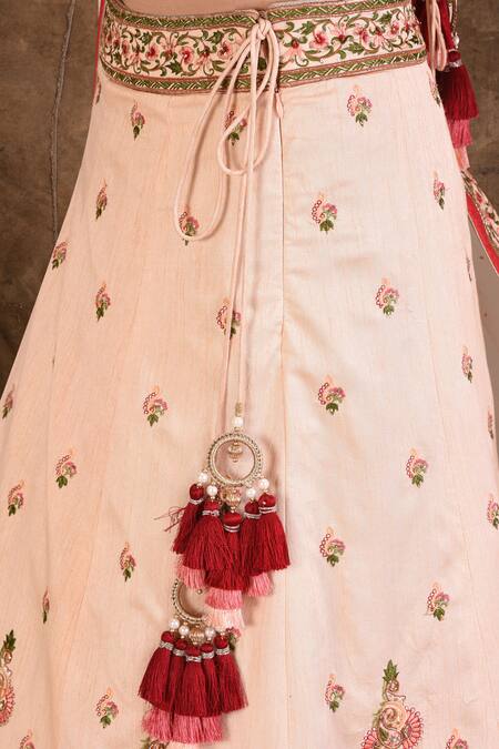 Aariyana Couture_Peach Silk, Net, Taffeta Sequins, Embroidery Sweetheart Neck Lehenga Set_at_Aza_Fashions