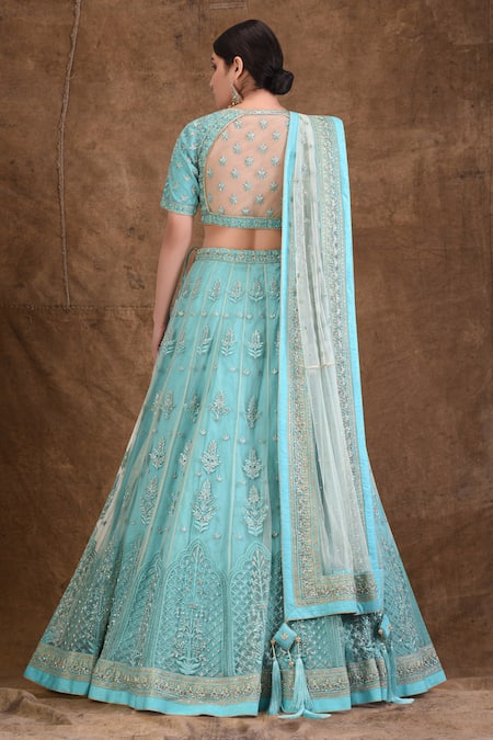 Shop_Ariyana By Aza_Blue Net, Silk Embroidery Sweetheart Neck Lehenga Set _at_Aza_Fashions