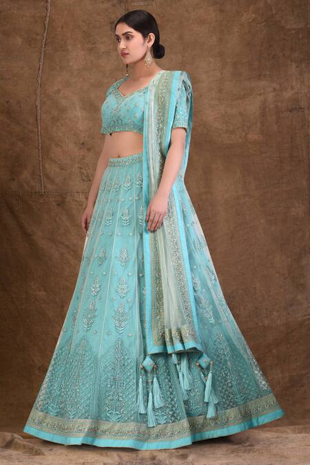 Buy_Ariyana By Aza_Blue Net, Silk Embroidery Sweetheart Neck Lehenga Set _Online_at_Aza_Fashions