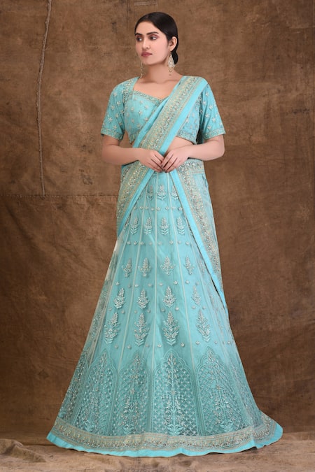 Shop_Ariyana By Aza_Blue Net, Silk Embroidery Sweetheart Neck Lehenga Set _Online_at_Aza_Fashions