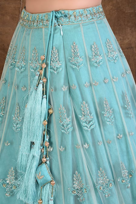 Ariyana By Aza_Blue Net, Silk Embroidery Sweetheart Neck Lehenga Set _at_Aza_Fashions