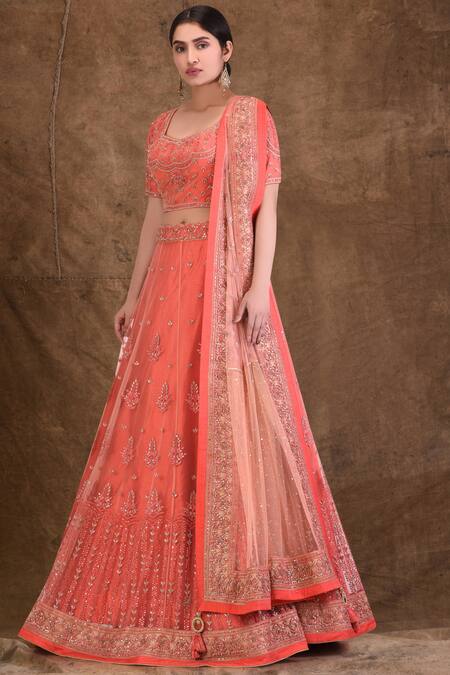Buy_Aariyana Couture_Coral Canvas, Taffeta, Net, Cotton Sequins, Embroidery, Cut Bridal Lehenga Set_Online_at_Aza_Fashions