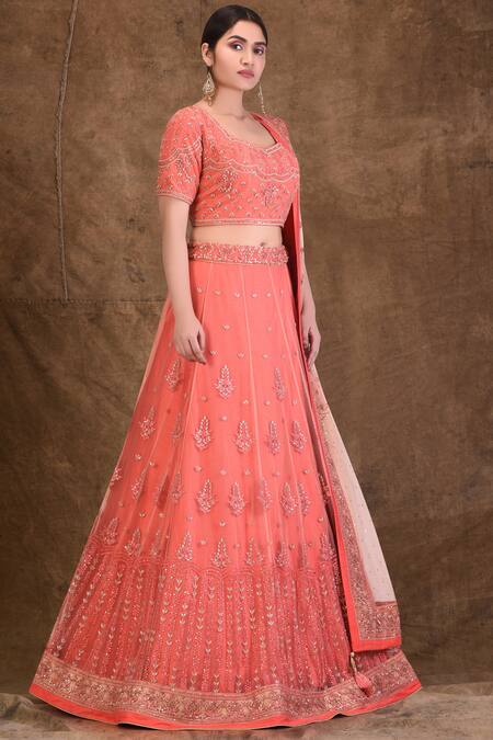 Aariyana Couture_Coral Canvas, Taffeta, Net, Cotton Sequins, Embroidery, Cut Bridal Lehenga Set_Online_at_Aza_Fashions