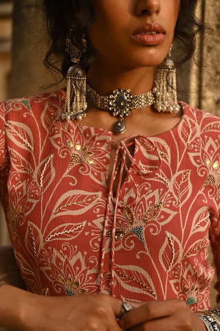 Rekha Agra_Peach Chiffon, Crinkled Cotton Silk Floral Motifs Round Print Kurta Gharara Set _at_Aza_Fashions