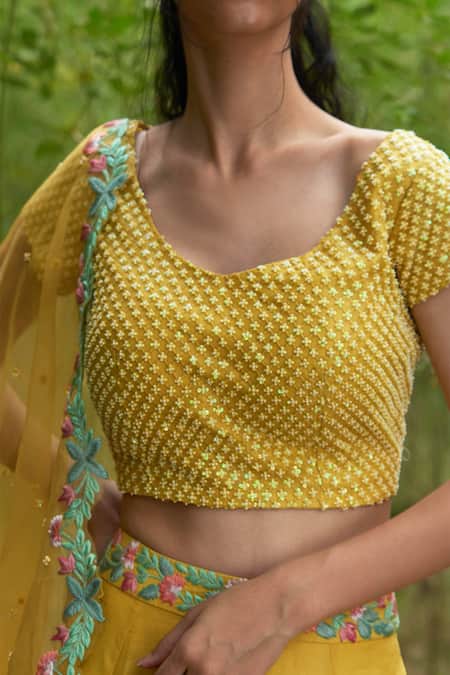 Incheetape_Yellow Organza, Slub Round Embroidered Lehenga Set _Online_at_Aza_Fashions