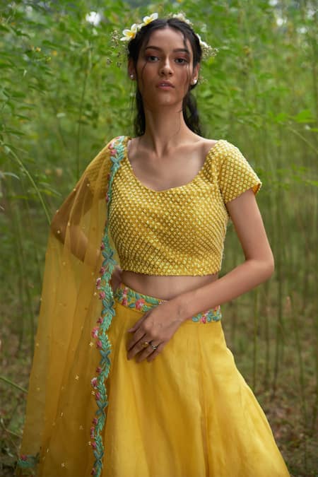 Shop_Incheetape_Yellow Organza, Slub Round Embroidered Lehenga Set _at_Aza_Fashions