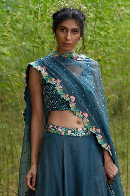 Buy_Incheetape_Blue Organza, Slub V Neck Embroidered Lehenga Set _Online_at_Aza_Fashions